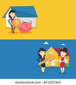 Two real estate banners with space for text. Vector flat design. Horizontal layout. Woman standing on the background of house and putting coin in piggy bank. Concept of investing money in real estate.