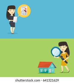 Dos carteles inmobiliarios con espacio para texto. Diseño plano vectorial. Diseño horizontal. Mujer asiática usando una lupa para buscar una casa nueva. Mujer con una lupa revisando una casa