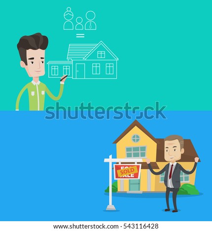 Two real estate banners with space for text. Vector flat design. Horizontal layout. Man drawing family house. Man drawing a house with a family. Man dreaming about future life in a new family house.
