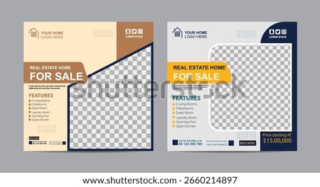 Two real estate flyer templates for property listings, featuring "For Sale" banners and space for images and text.