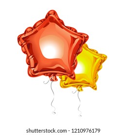 Two realistic 3D foil balloons in the shape of a star with reflects isolated on white background. Festive decor element for any holiday. Vector illustration