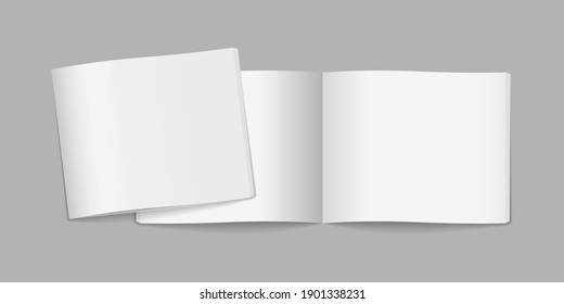 Two realistic blank books can be used for promo, catalogs, brochures, magazines. Mockup template is ready for your design. Blank flying magazine cover, book, booklet, brochure. Vector illustration.