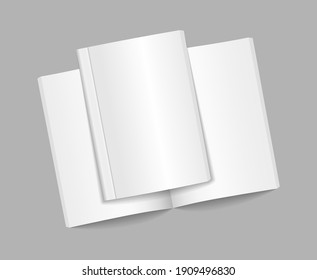 Two realistic blank books can be used for promo, catalogs, brochures, magazines. Blank flying magazine cover, book, booklet, brochure. Mockup template is ready for your design. Vector illustration.