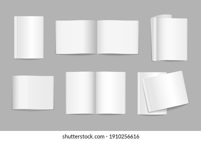 Two realistic blank books can be used for promo, catalogs, brochures, magazines. Blank flying magazine cover, book, booklet, brochure. Mockup template is ready for your design. Vector illustration.