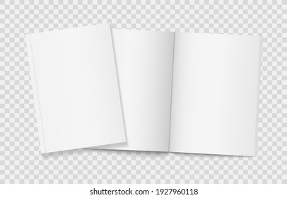 Two realistic blank books on transparent background. Open and closed vertical brochure page, notebook, magazine, booklet, cover. 3d mockup template for your design. Blank paper white sheets. Vector