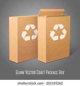 Two realistic blank craft paper packages for cornflakes, muesli, cereals etc. Isolated on gray background with recycle sign, for design and branding. Vector
