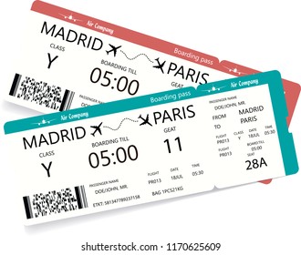 Two realistic boarding pass. Airline tickets for flight by airplane. Vector illustration