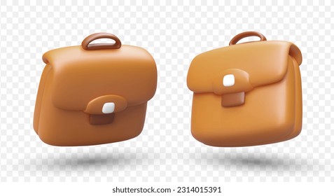 Two realistic briefcases, view from different sides. 3D cases with shadows. Closed portfolio bag with clasp. Handbag for documents. Office and student accessories