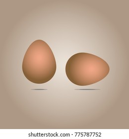 Two realistic brown eggs: one is located vertically, the other - horizontally. Vector: isolated on a light brown background.