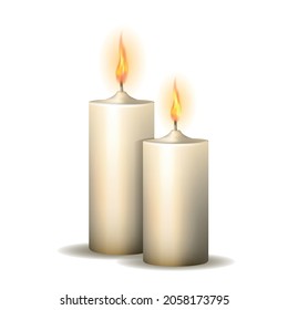 Two realistic burning candles isolated on white background. Vector illustration