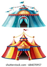 Two realistic circus tent icon set one is light blue and another is multicolored vector illustration