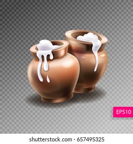 two realistic clay pots with sour cream to indian janmashtami celebration design isolated on transparency background, vector illustration