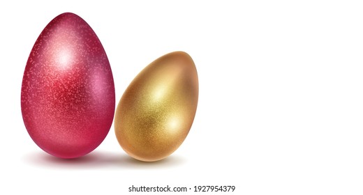 Two realistic Easter eggs with different surface texture in red and golden colors. With shadow on white background