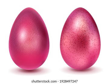 Two realistic Easter eggs with different surface texture in red colors. With shadow on white background