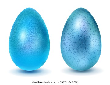 Two realistic Easter eggs with different surface texture in light blue colors. With shadow on white background