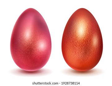 Two realistic Easter eggs with different surface texture in red colors. With shadow on white background