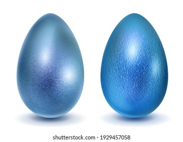 Two realistic Easter eggs with different surface texture in light blue colors. With shadow on white background