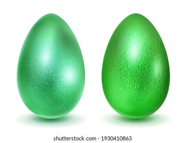 Two realistic Easter eggs with different surface texture in green colors. With shadow on white background