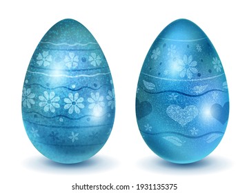 Two realistic Easter eggs with different surface texture, patterns and holiday symbols in light blue colors. With shadows on white background