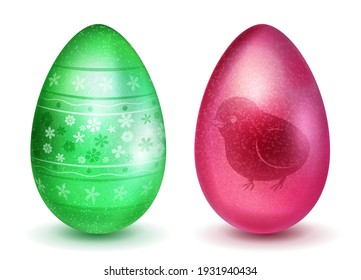 Two realistic Easter eggs with different surface texture, patterns and holiday symbols in red and green colors. With shadows on white background