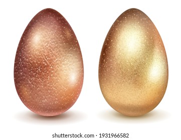 Two realistic Easter eggs with different surface texture in golden colors. With shadow on white background