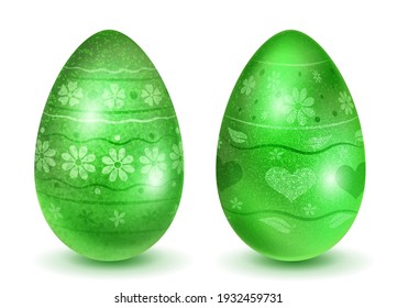 Two realistic Easter eggs with different surface texture, patterns and holiday symbols in green colors. With shadows on white background