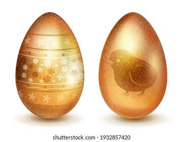 Two realistic Easter eggs with different surface texture, patterns and holiday symbols in golden colors. With shadows on white background