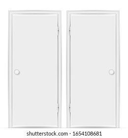 Two realistic empty white closed doors with frames and doorknobs isolated on white. Vector illustration.