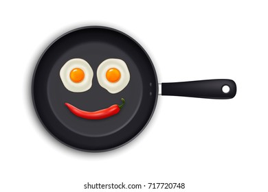 Two realistic fried eggs and red hot chili pepper laid out in the form of an emoticon in a black frying pan icon closeup isolated on white background. Design template. Stock vector mockup. EPS10.