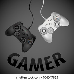 Two realistic game joystick white and black with a text gamer, isolated on a dark background