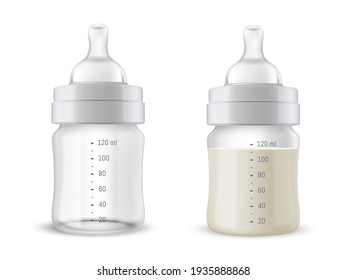 Two Realistic Glass Plastic Baby Mother Breast Milk Bottle Vector Illustration. Full And Empty Sterile Container With Pacifier And Scale Measurement For Childish Drink Nutrition Isolated On White