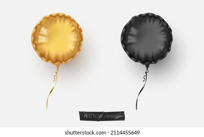 Two Realistic Gold And Black Foil Circle Balloon With Ribbons. Vector Illustration For Card, Party, Design, Flyer, Poster, Decor, Banner, Web, Advertising.	