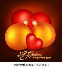 Two realistic golden christmas spheres with two hearts. Romantic love concept
