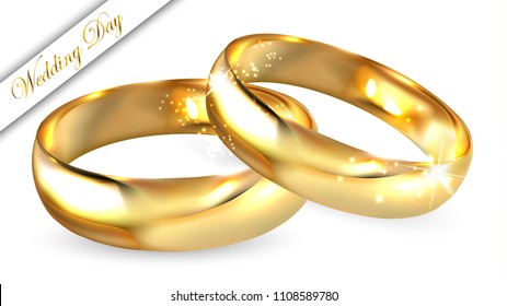 Two Realistic Golden Rings, Shiny & Beautiful, Close Up Isolated on White Background. Eternal Togethernes Concept. 3D Vector Illustration