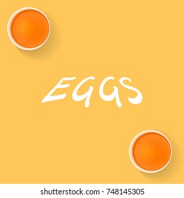 Two realistic half egg with yolk top view.Isolated on yellow background