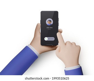 Two realistic hands with a phone isolated on a white background. Phone in hand and second hand indicates action on the screen. Vector illustration