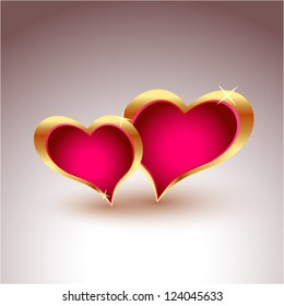 Two realistic hearts in gold metal frames. EPS10 vector illustration.