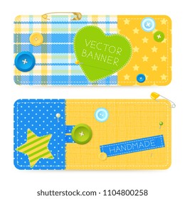 Two realistic horizontal cotton sewing banners set with safety pins buttons fastening handmade label isolated vector illustration 