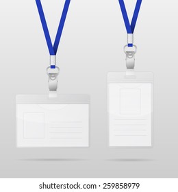 Two realistic horizontal and vertical plastic ID cards with blue lanyards. Vector EPS10 illustration. 