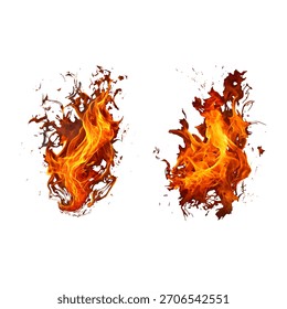 Dos llamas de fuego caliente realistas que queman el sistema de Ilustración vectorial aislado