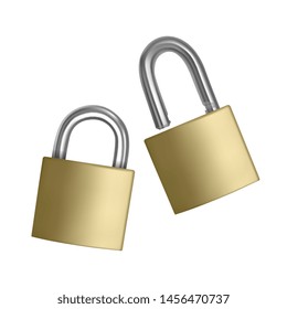 Two realistic icons golden padlock in the open and closed position, isolated on white background, Vector EPS 10 illustration
