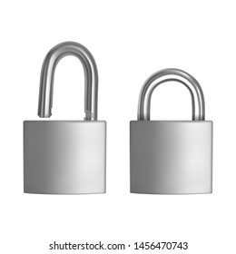 Two realistic icons Silver padlock in the open and closed position, isolated on white background, Vector EPS 10 illustration