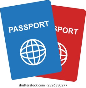 Two realistic international passports ID. Passport for identification person. Red and blue document with globe for journey and vacation. Travelling concept. Vector illustration