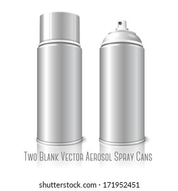 Two realistic, isolated on white background with reflection, blank vector aerosol spray metal 3D bottle cans - opened and with cap. For paint, graffiti, deodorant, foam, cosmetics etc.