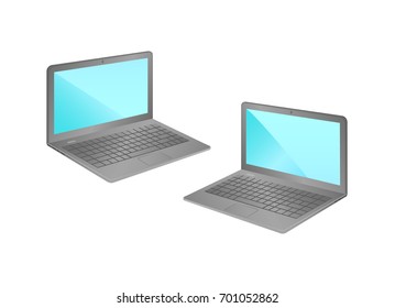 Two realistic laptops on white isolated background. Computers and technology. Templates for design presentation. 3d models of grey computers with empty monitors, side view
