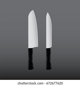 Two realistic large kitchen knife. Devices for cutting products. Set of knives isolated on a gray background. Vector illustration.