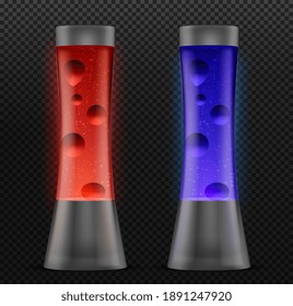 Two realistic lava lamps in different colors on dark background. Editable vector illustration. 3D vector isolated on transparent background