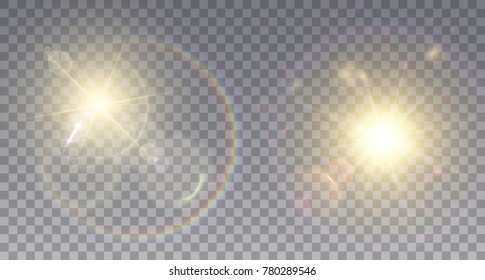 Two realistic lens flare effects on golden suns. Light particles and rainbow halo.