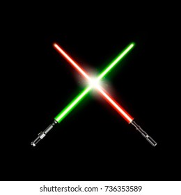 Two realistic light swords. crossed green and red light swords. Vector illustration isolated on dark background