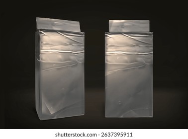 Two realistic luxury silver coffee packaging. Coffee foil packaging mockups  on the black background